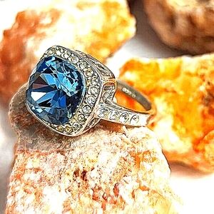 Vintage 18k Gold Plated Cubic Zirconia Cushion Cut Blue Topaz Halo Ring